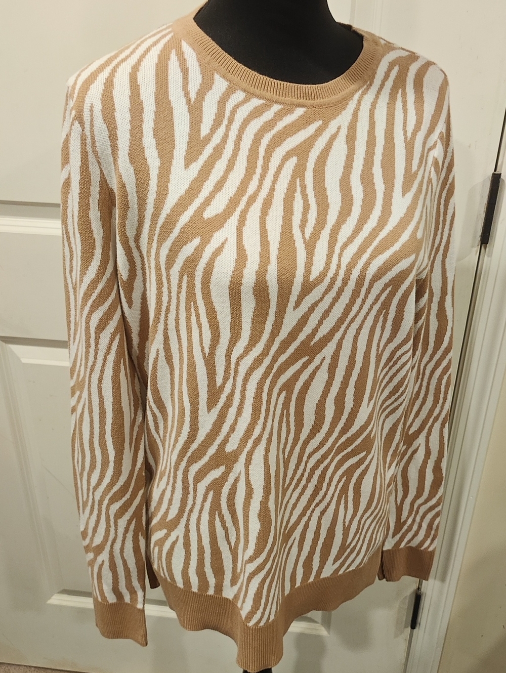 Kim Rogers Camel & White Zebra-Pattern Crewneck Sweater